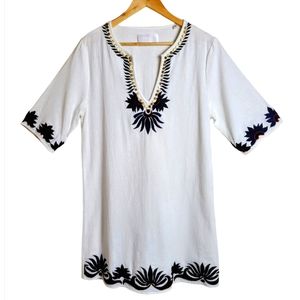 Piper By Townsen Embroidered Studded Boho Tunic Dress White Navy Size Medium